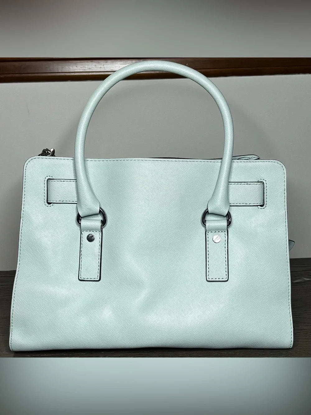 Michael Kors Hamilton Mint Green Saffiano Leather Satchel Tote Silver Lock Bag